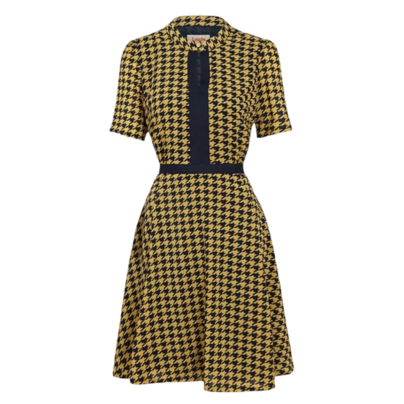 Louche Mustard & Blue Houndstooth Fit & Flare Dress Size 12 (UK) - Picture 1 of 15